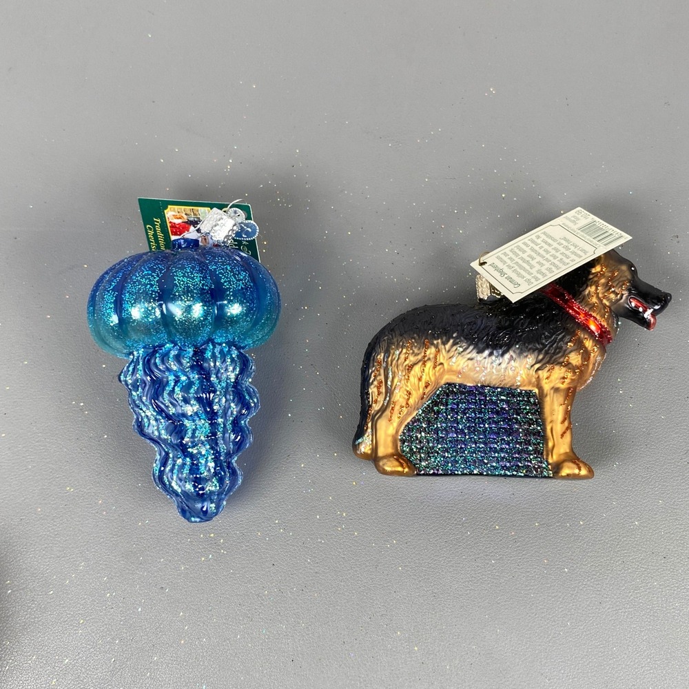 Old World Christmas Glass Holiday Ornaments Blue Jellyfish & German Shepherd Dog